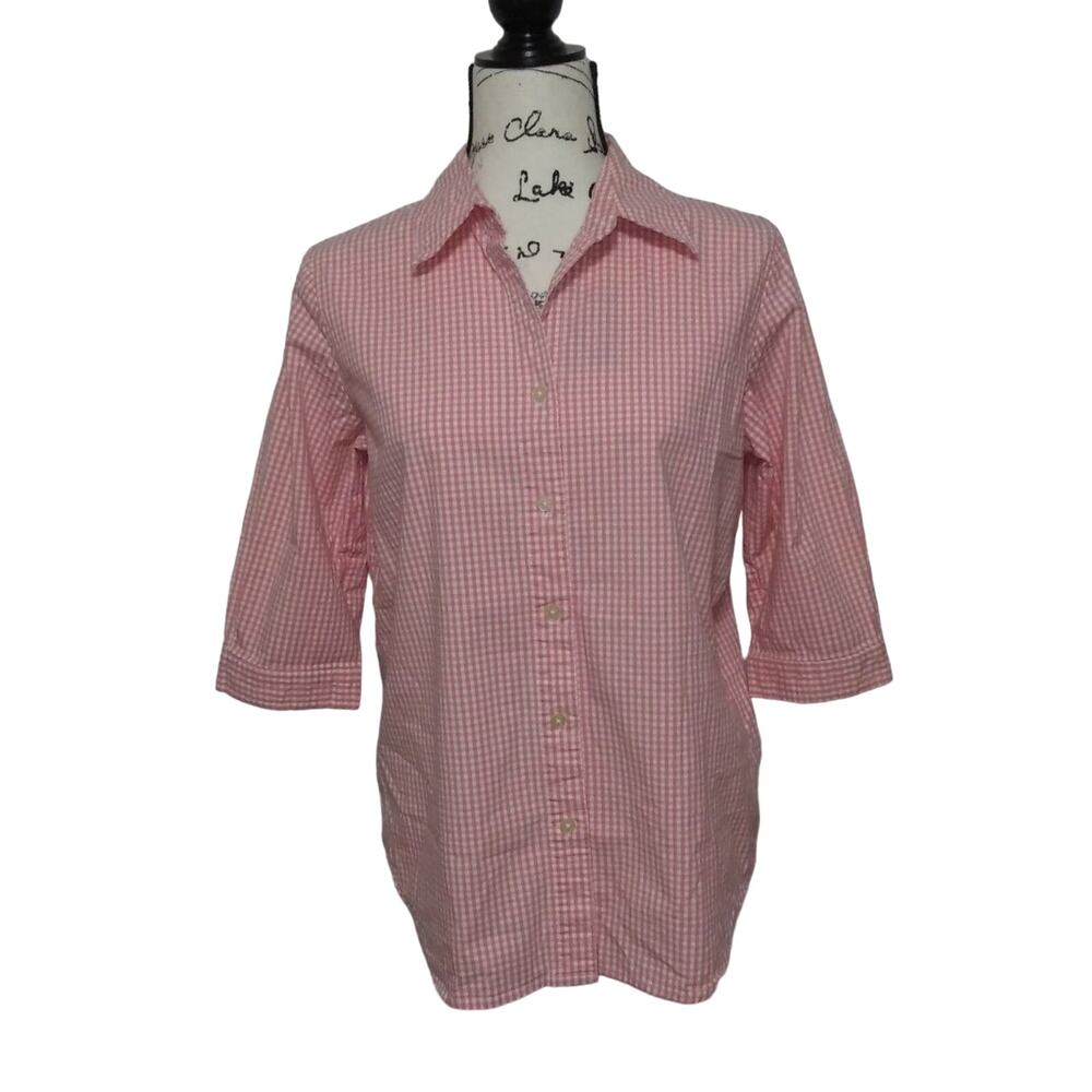 Denim & Co Peach Gingham Button Front Shirt 3/4 Sleeves Button Down Stretch S-M